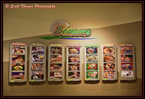 The wall menu for Sunshine Seasons counter service restaurant at The Land in Epcot's Future World, Walt Disney World, Orlando, Florida