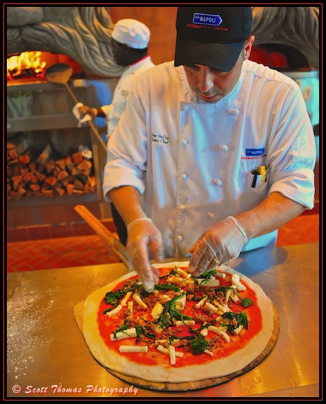 Chef making a pizza in Via Napoli Ristorante e Pizzeria in Epcot's Italy pavilion, Walt Disney World, Orlando, Florida