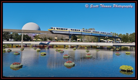Monorail Yellow moves over floating flowers in Epcot, Walt Disney World, Orlando, Florida