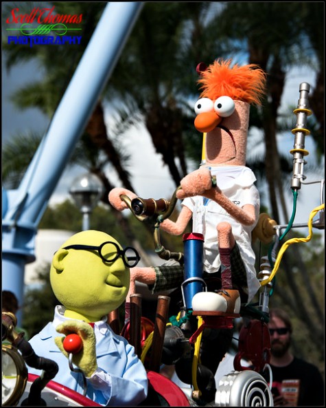 Dr. Bunsen Honeydew, and his assistant, Beaker, entertaining guests on their Muppet Mobile Lab in Epcot's Future World, Walt Disney World, Orlando, Florida