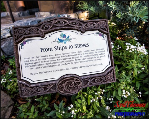 Sign near the Stave Church in Epcot's Norway pavilion, Walt Disney World, Orlando, Florida