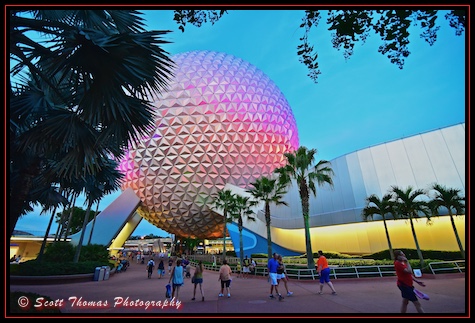 Late day sunlight mixes with lighting on Spaceship Earth in Epcot's Future World, Walt Disney World, Orlando, Florida