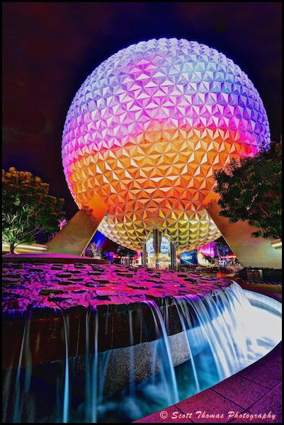Spaceship Earth at night in Epcot, Walt Disney World, Orlando, Florida