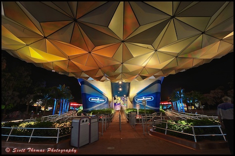 The entrance to Spaceship Earth at night in Epcot's Future World, Walt Disney World, Orlando, Florida