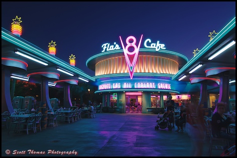 Flo's V8 CafÃ© at night in Carsland, Disney's California Adventure, Anaheim, California