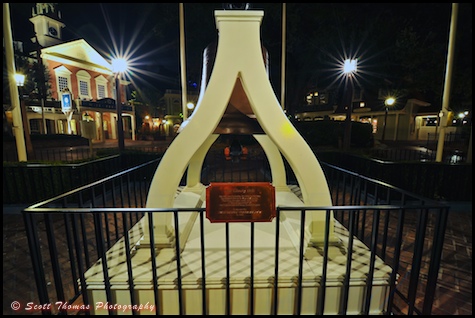 Liberty Bell informational plaque in the Magic Kingdom's Liberty Square, Walt Disney World, Orlando, Florida.
