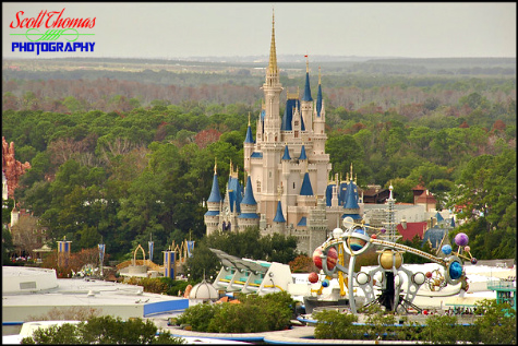 Cinderella Castle in the Magic Kingdom photographed from Disney's Contemporary Resort, Walt Disney World, Orlando, Florida