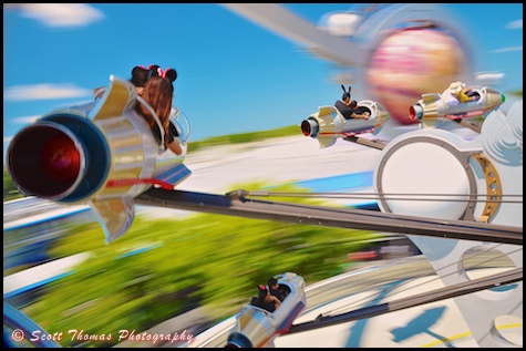 Long exposure photo of the Astro Orbiter from the Pilot Seat in the Magic Kingdom, Walt Disney World, Orlando, Florida