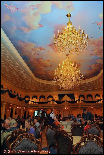 Ballroom diningroom inside the Be Our Guest restaurant in the Magic Kingdom, Walt Disney World, Orlando, Florida.
