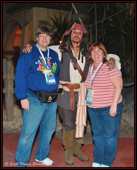 Blog photograher and his wife with Captain Jack Sparrow at the Magic Kingdom, Walt Disney World, Orlando, Florida