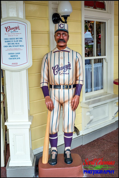 Baseball player statue outside of Casey's Corner on Main Street USA in the Magic Kingdom, Walt Disney World, Orlando, Florida