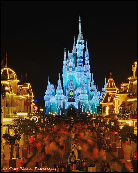 Cinderella Castle Dream Lights at the end of Main Street USA in the Magic Kingdom, Walt Disney World, Orlando, Florida
