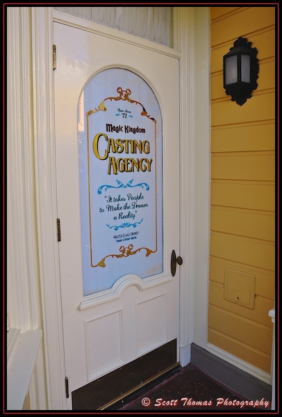 Door to the Magic Kingdom Casting Agency on Main Street USA which opened in 1971 by Founder & Director Emeritus Walter Elias Disney in the Magic Kingdom, Walt Disney World, Orlando, Florida.
