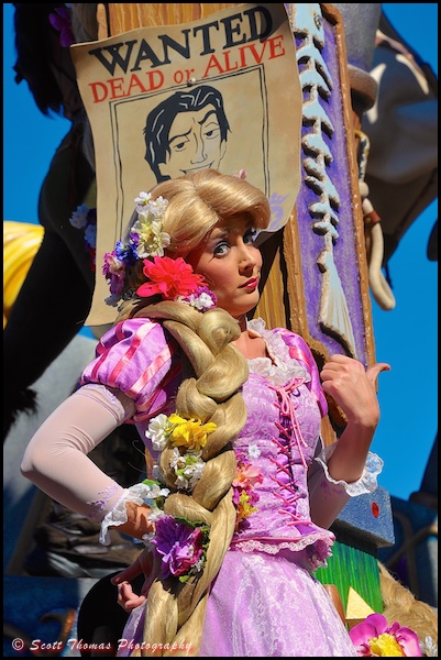 Rapunzel on the Tangled float in the Festival of Fantasy parade in the Magic Kingdom, Walt Disney World, Orlando, Florida