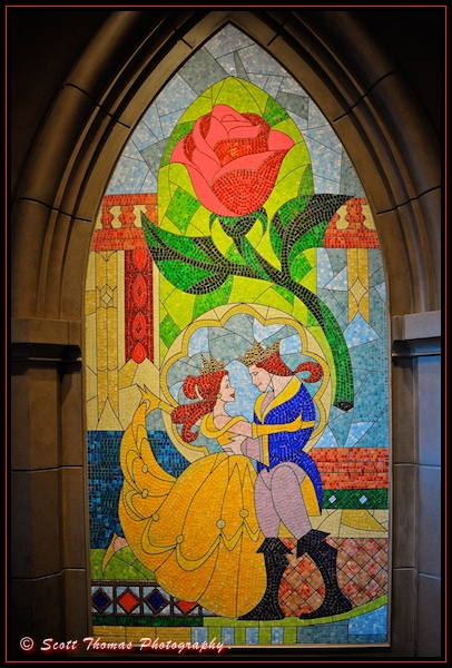 Stained glass window at the Be Our Guest restaurant in Magic Kingdom's Fantasyland, Walt Disney World, Orlando, Florida