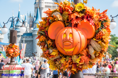 Mickey Mouse Pumpkin decoration in front of Cinderella Castle at the Magic Kingdom, Walt Disney World, Orlando, Florida