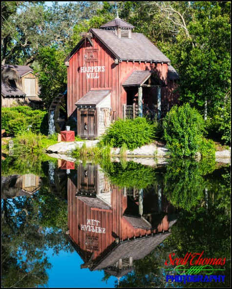 Harper's Mill on Tom Sawyer Island in Frontierland on a still morning at the Magic Kingdom, Walt Disney World, Orlando, Florida