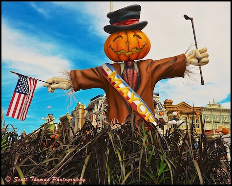 Scarecrow Mayor on Town Square in the Magic Kingdom, Walt Disney World, Orlando, Florida.