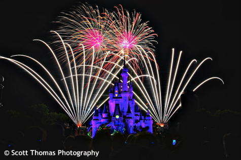 Wishes fireworks behind Cinderella Castle in the Magic Kingdom, Walt Disney World, Orlando, Florida