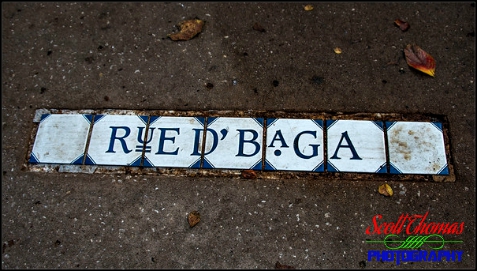 Sidewalk street sign for Rue D'Baga at Port Orleans French Quarter Resort, Walt Disney World, Orlando, Florida