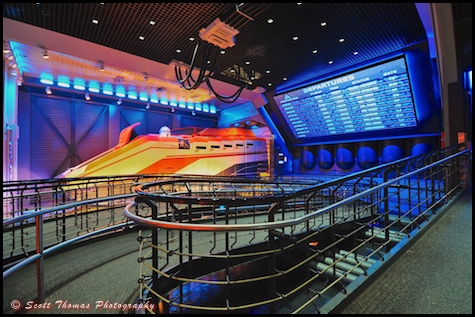 Video screen showing Departures in the Star Tours queue in Disney's Hollywood Studios, Walt Disney World, Orlando, Florida.