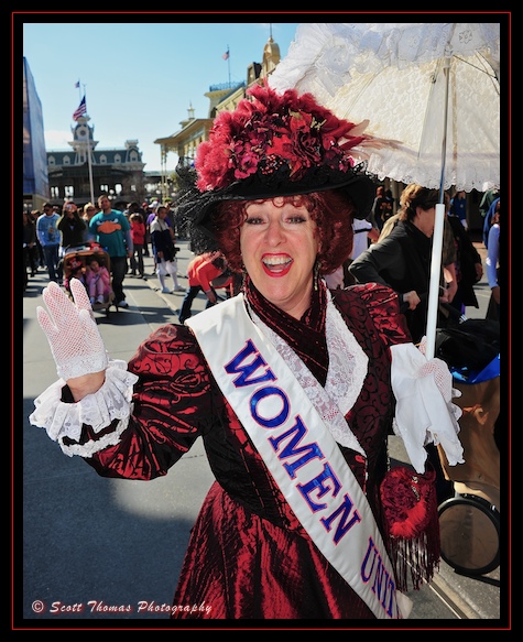 A suffragette on Main Street USA in the Magic Kingdom, Walt Disney World, Orlando, Florida.