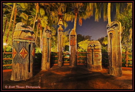 Tiki Gods at night in Magic Kingdom's Adventureland, Walt Disney World, Orlando, Florida.