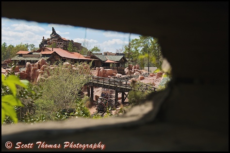 Unique view of Big Thunder Mountain Railroad from one of Fort Langhorn's blockhouses on Tom Sawyer Island in the Magic Kingdom, Walt Disney World, Orlando, Florida.