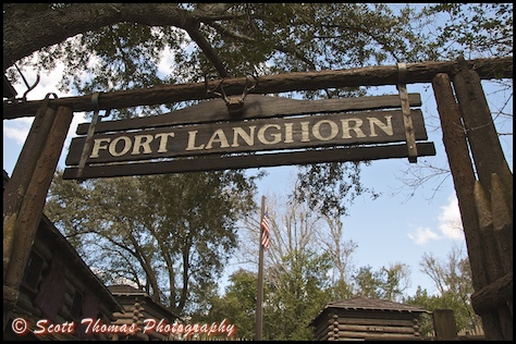 Entrance sign to Fort Langhorn on Tom Sawyer Island in the Magic Kingdom, Walt Disney World, Orlando, Florida.