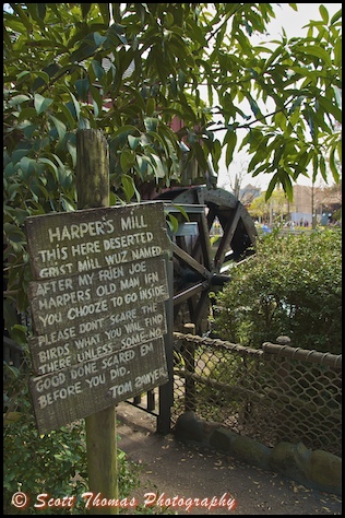 Sign for Harper's Mill on Tom Sawyer Island in the Magic Kingdom, Walt Disney World, Orlando, Florida