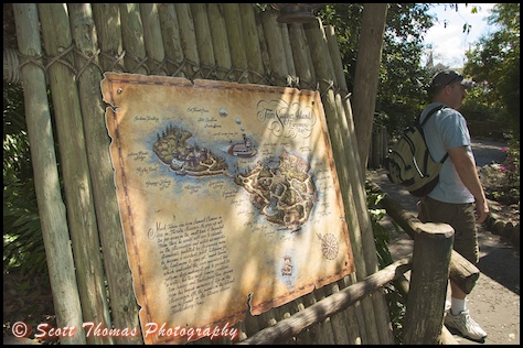 Map of Tom Sawyer Island greets guests arriving to explore it's secrets in the Magic Kingdom, Walt Disney World, Orlando, Florida