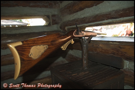 Rifle in one of Fort Langhorn's blockhouses on Tom Sawyer Island in the Magic Kingdom, Walt Disney World, Orlando, Florida.