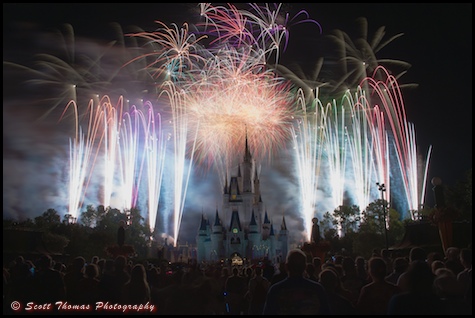 Twelve seconds of the Finale of Wishes fireworks show in the Magic Kingdom, Walt Disney World, Orlando, Florida