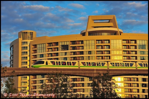 Monorail Green passes in front of Bay Lake Tower DVC Resort, Walt Disney World, Orlando, Florida.